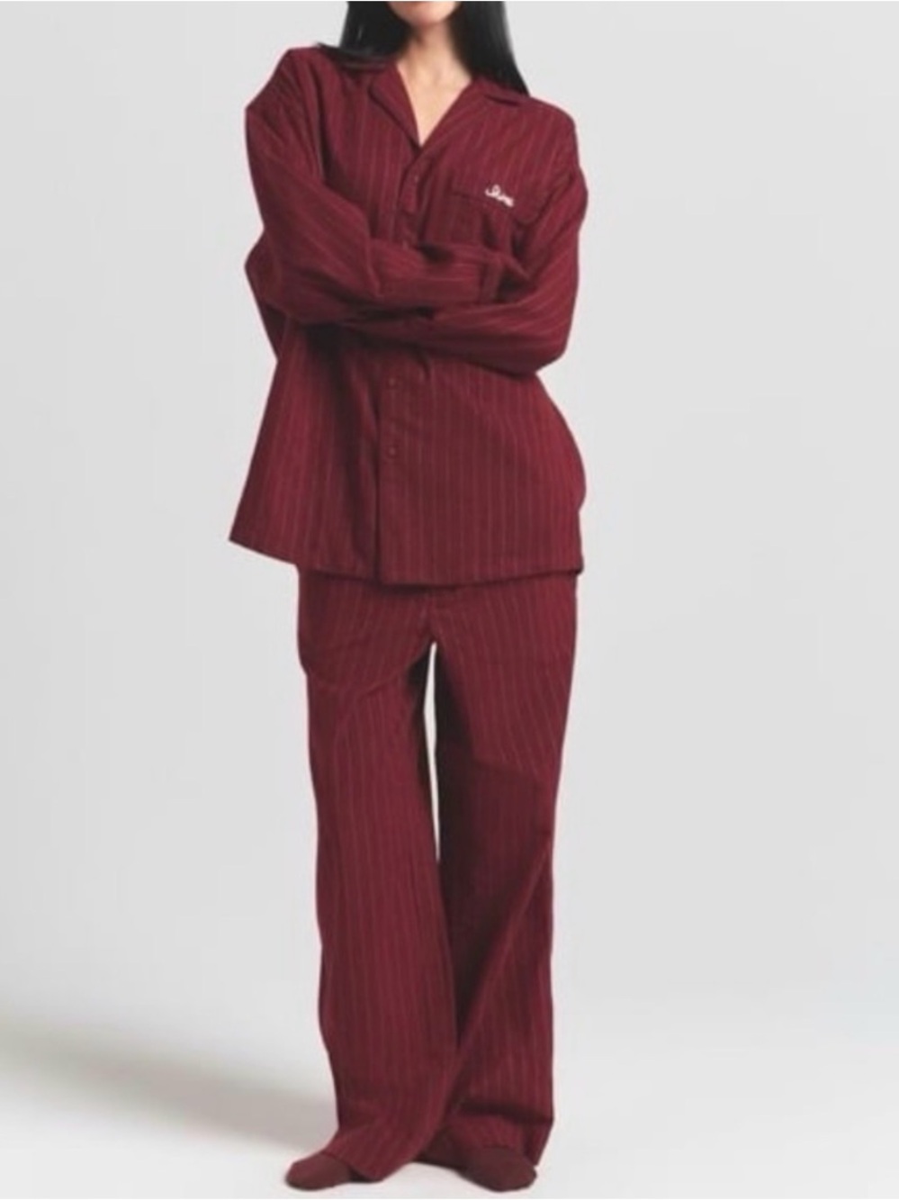 SKIMS ELEVATED FLANNEL SLEEP SET IN MERLOT STRIPE XS S